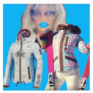 Bogner White & Light Blue Women's Down Ski Jacket with Pink Trim